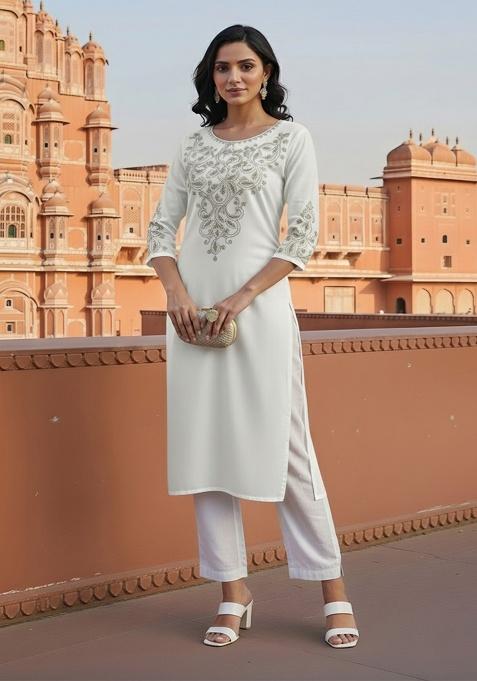 White Embroidery Rayon Kurta With Duppatta