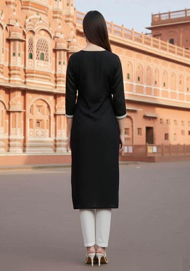 Black Embroidery Rayon Kurta Set - Indya