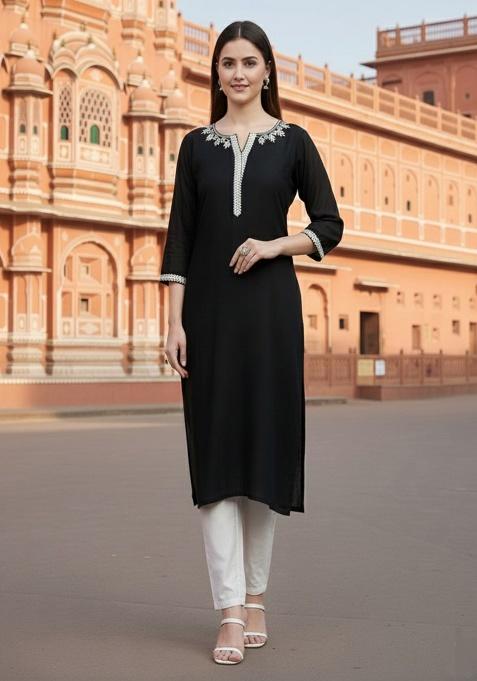 Black Embroidery Rayon Kurta With Duppatta