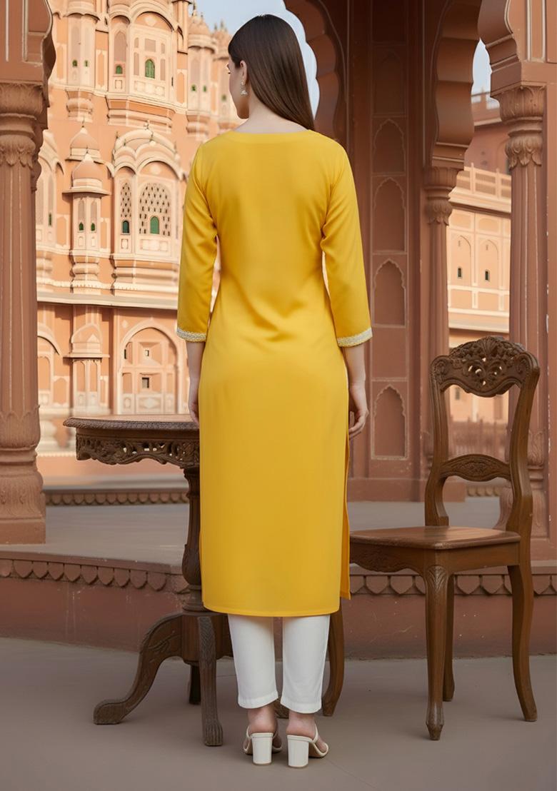 Yellow Embroidery Rayon Kurta Set - Indya