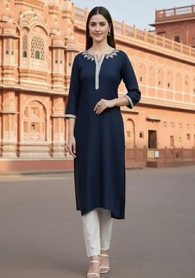Navy Blue Embroidery Rayon Kurta Set