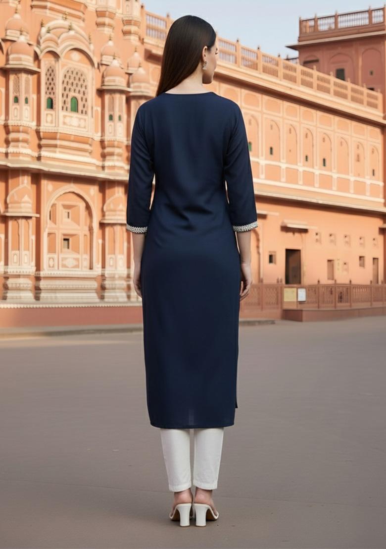 Navy Blue Embroidery Rayon Kurta Set - Indya