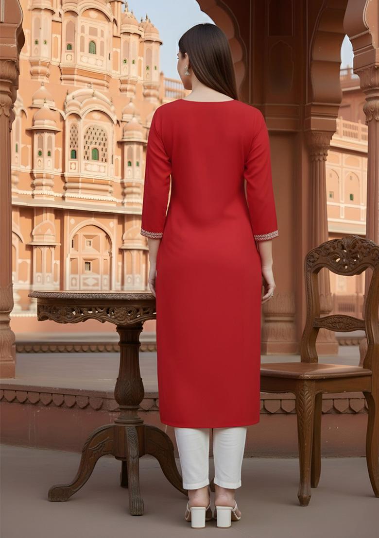 Red Embroidery Rayon Kurta Set - Indya