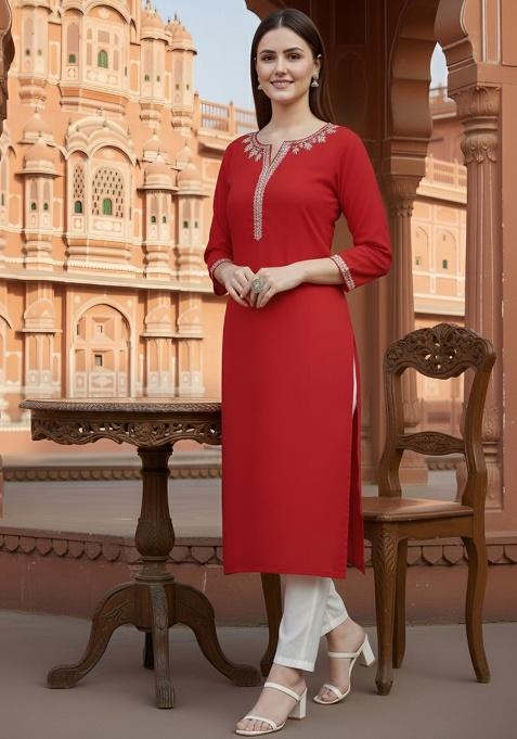 Red Embroidery Rayon Kurta With Duppatta