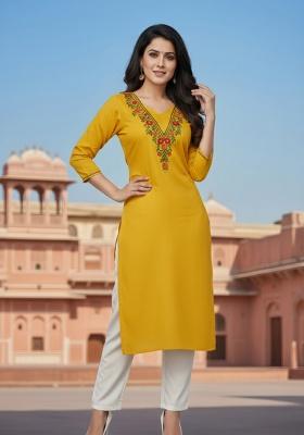 Yellow Embroidery Rayon Kurta Set