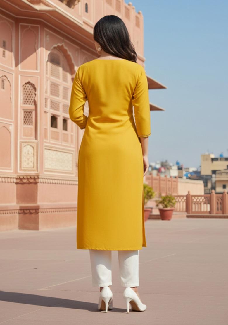Yellow Embroidery Rayon Kurta Set - Indya