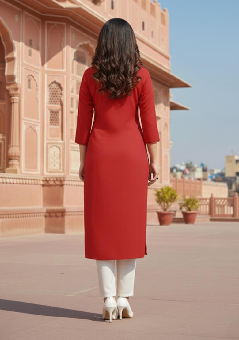 Red Embroidery Rayon Kurta Set - Indya
