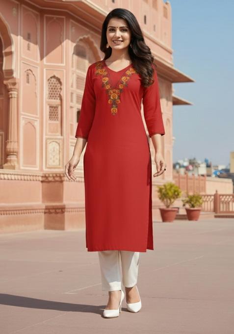 Red Embroidery Rayon Kurta With Duppatta