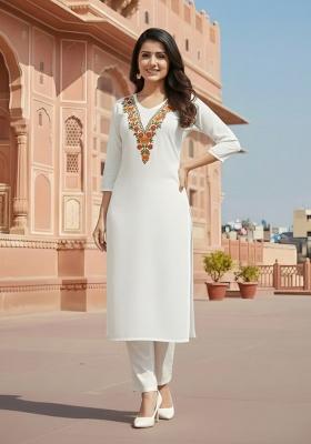 White Embroidery Rayon Kurta Set