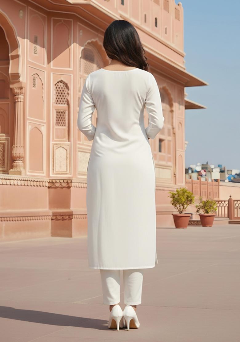White Embroidery Rayon Kurta Set - Indya