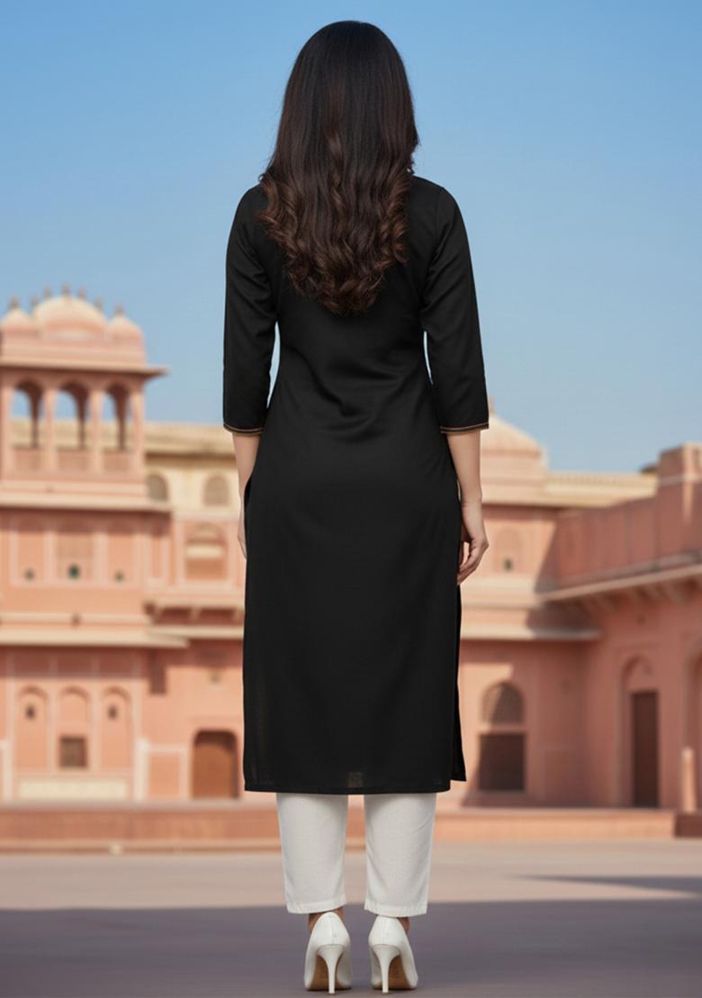 Black Embroidery Rayon Kurta Set - Indya