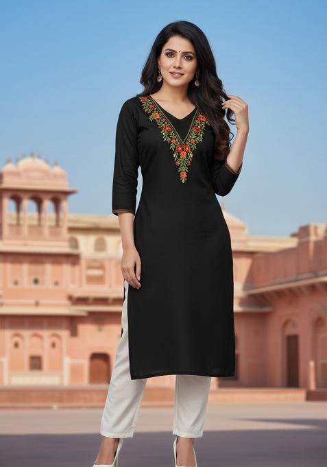 Black Embroidery Rayon Kurta With Duppatta