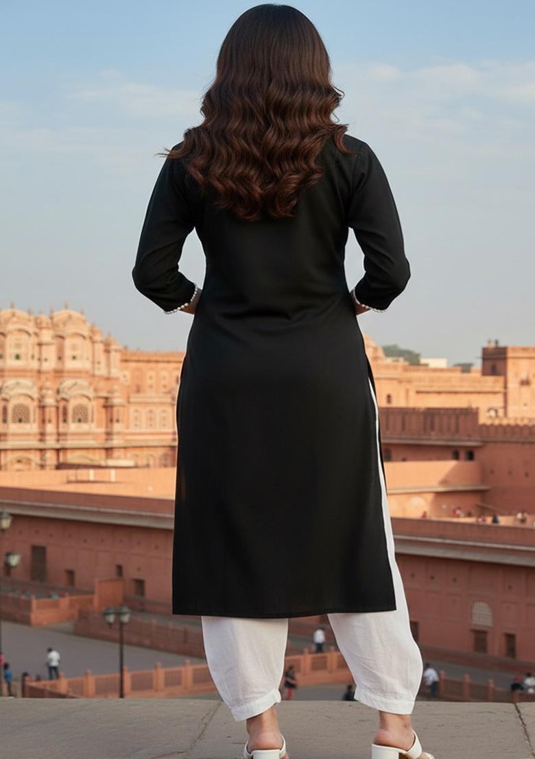 Black Embroidery Rayon Kurta Set - Indya