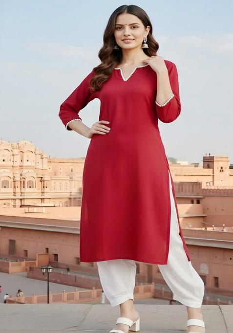 Red Embroidery Rayon Kurta With Duppatta