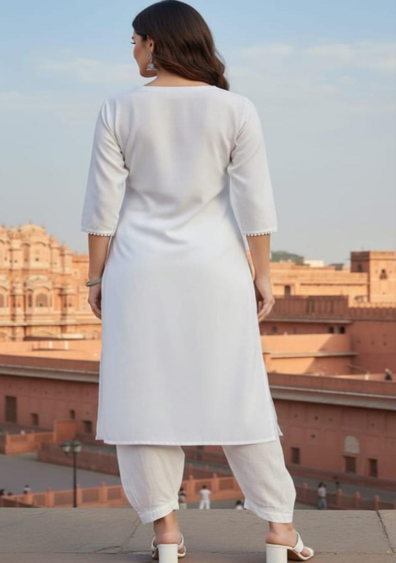 White Embroidery Rayon Kurta Set - Indya