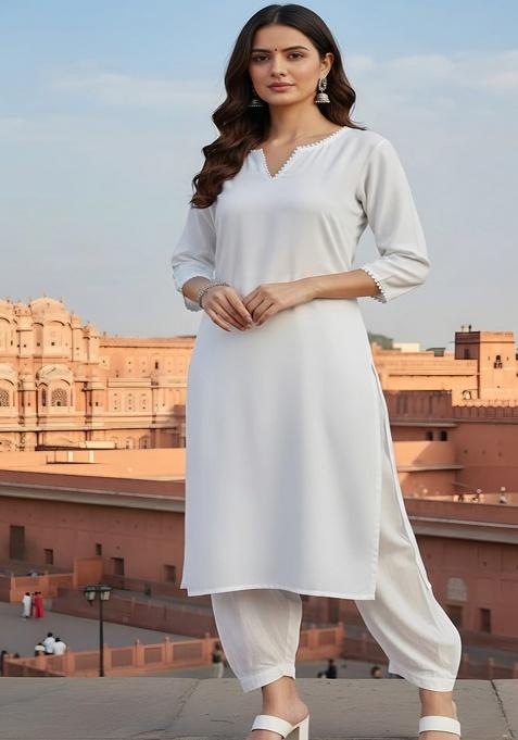 White Embroidery Rayon Kurta With Duppatta