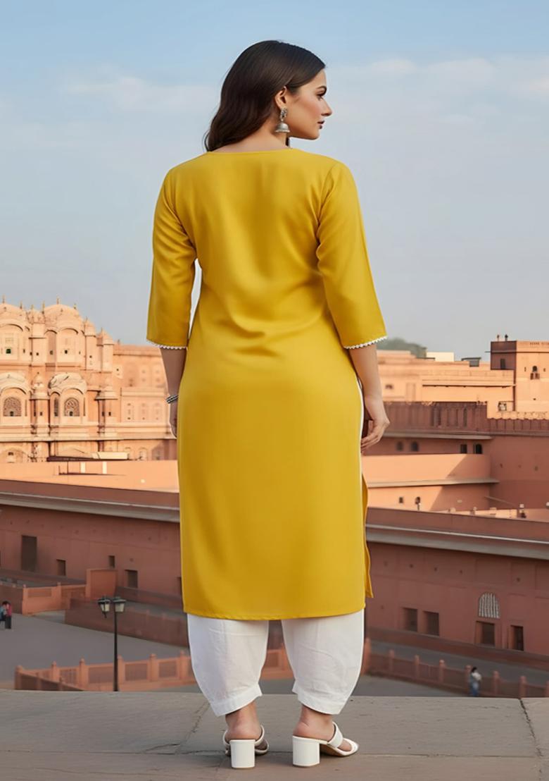 Yellow Embroidery Rayon Kurta Set - Indya