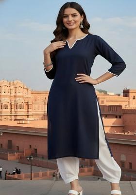 Navy Blue Embroidery Rayon Kurta Set