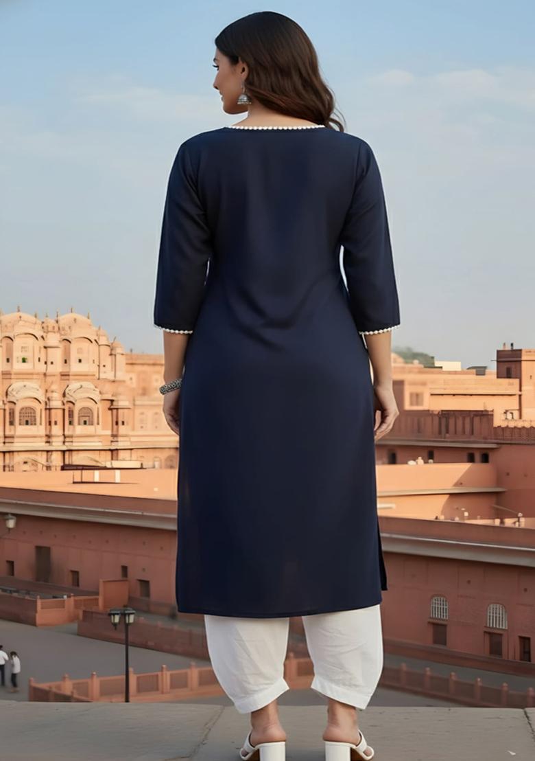 Navy Blue Embroidery Rayon Kurta Set - Indya