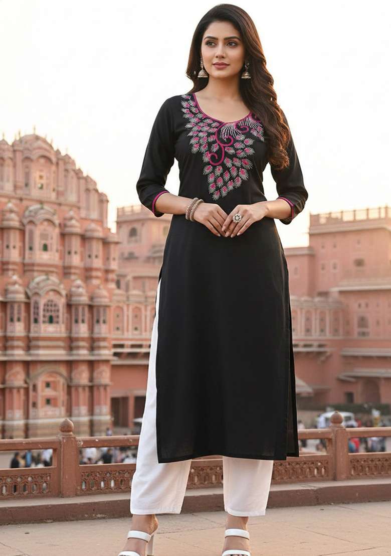 Black Embroidery Rayon Kurta Set - Indya