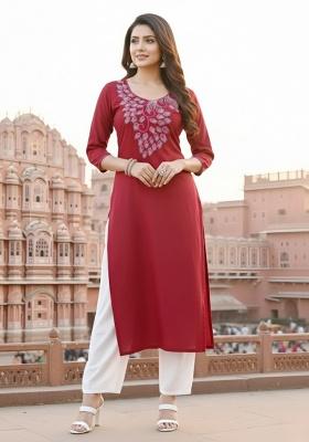 Red Embroidery Rayon Kurta Set