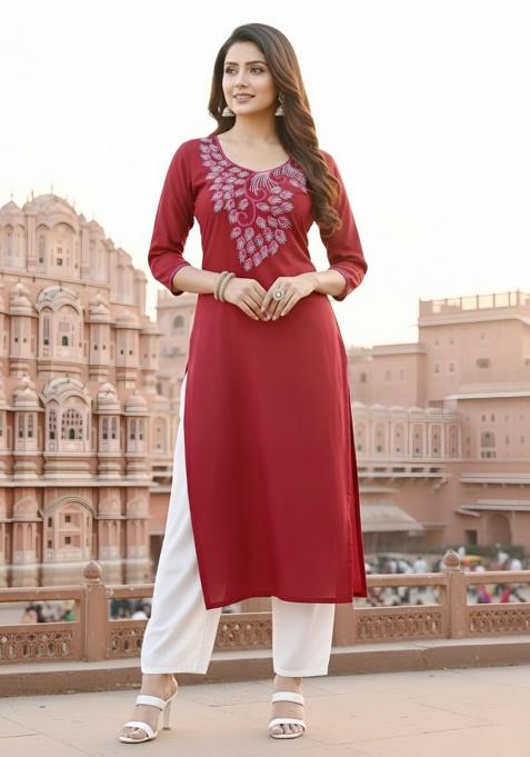 Red Embroidery Rayon Kurta With Duppatta