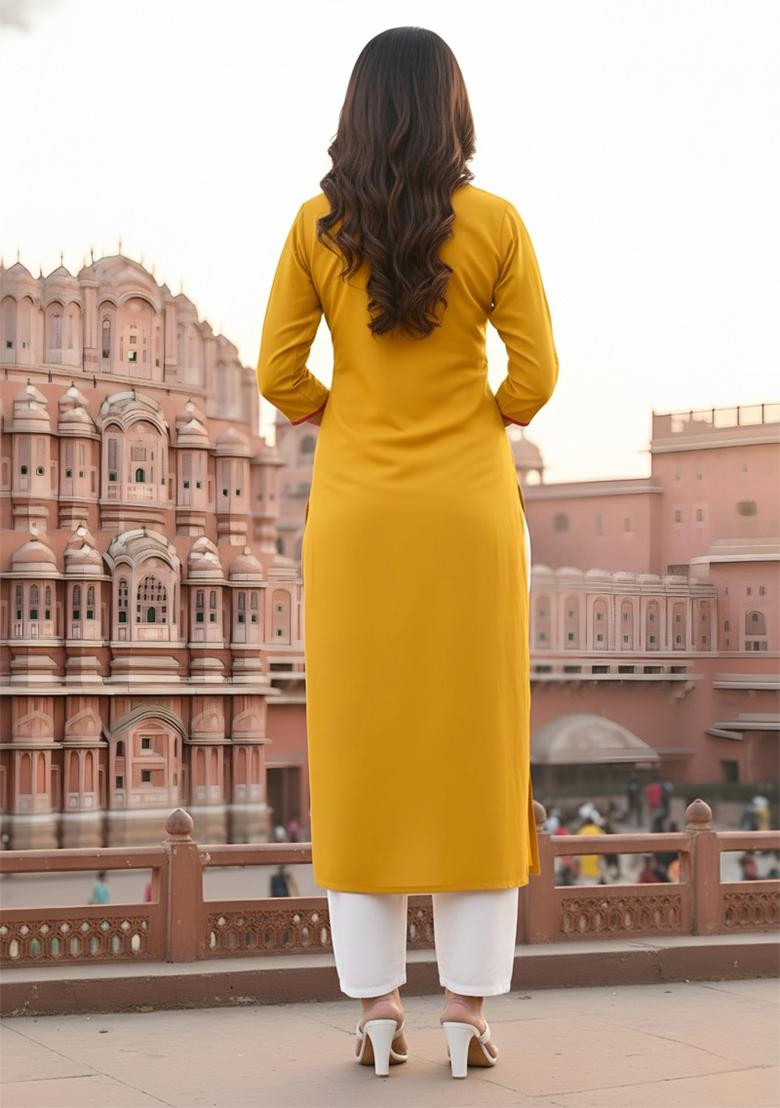 Yellow Embroidery Rayon Kurta Set - Indya