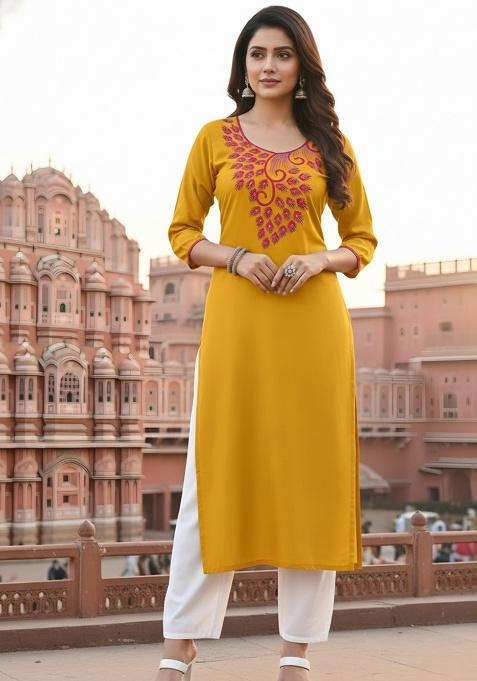 Yellow Embroidery Rayon Kurta With Duppatta