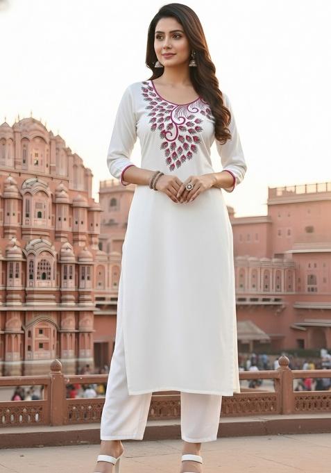 White Embroidery Rayon Kurta With Duppatta