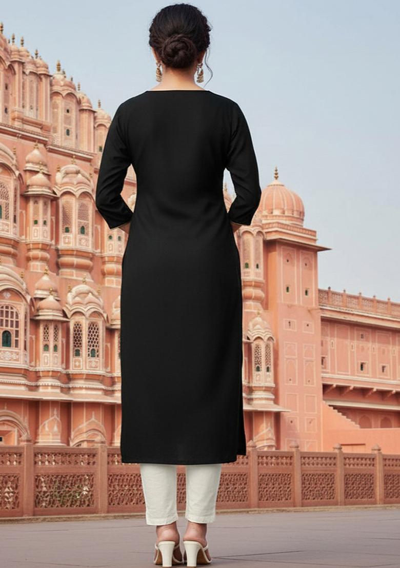 Black Embroidery Rayon Kurta Set - Indya
