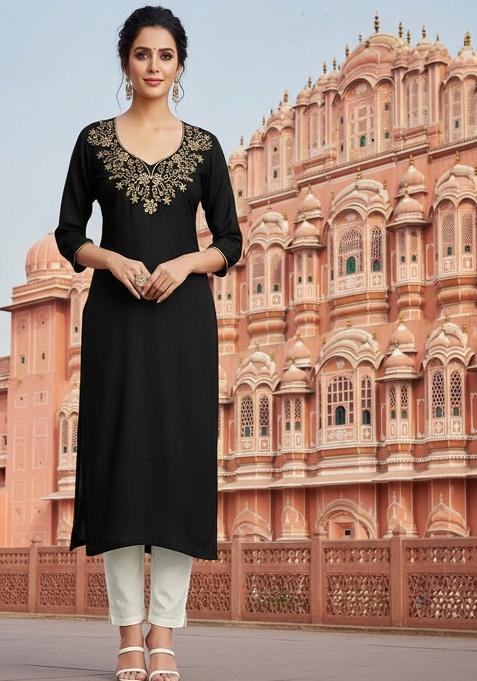 Black Embroidery Rayon Kurta With Duppatta