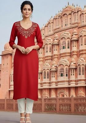 Red Embroidery Rayon Kurta Set