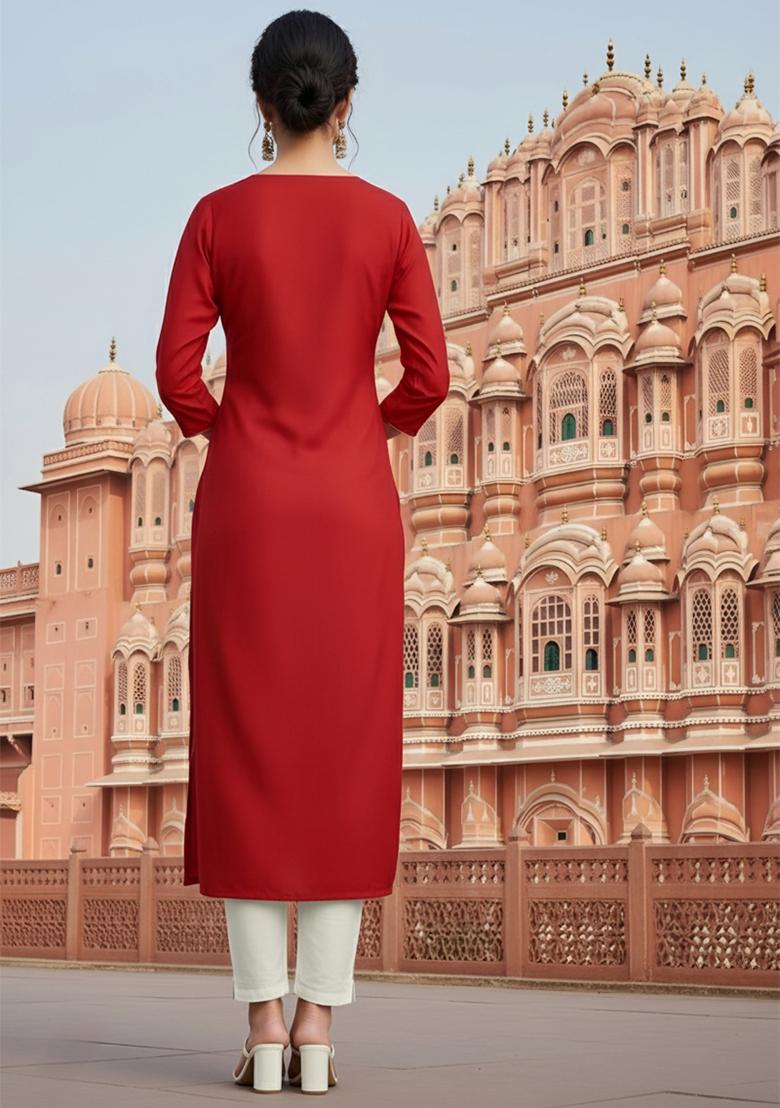 Red Embroidery Rayon Kurta Set - Indya