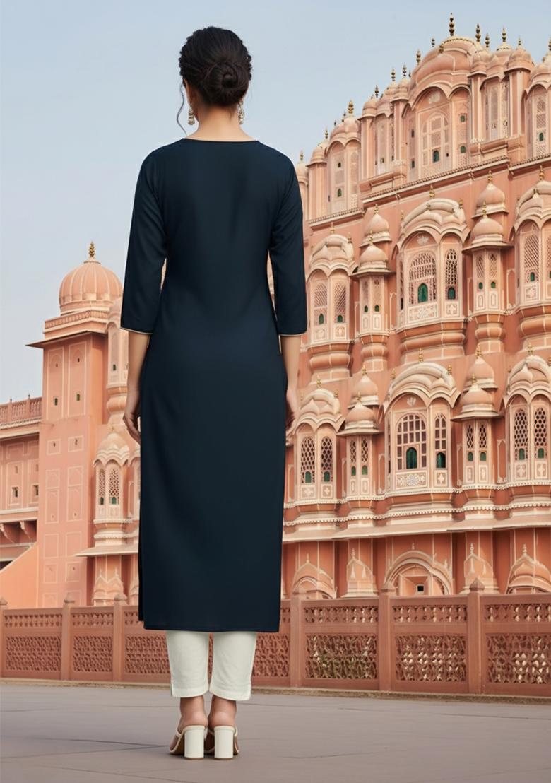 Black Embroidery Rayon Kurta Set - Indya