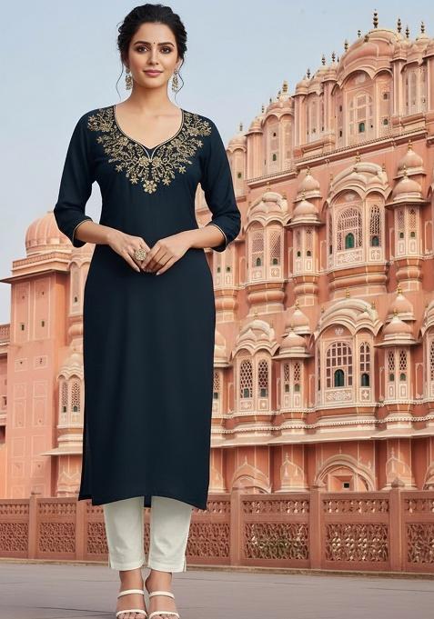 Black Embroidery Rayon Kurta With Duppatta