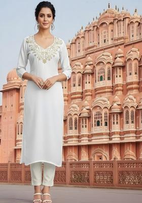 White Embroidery Rayon Kurta Set