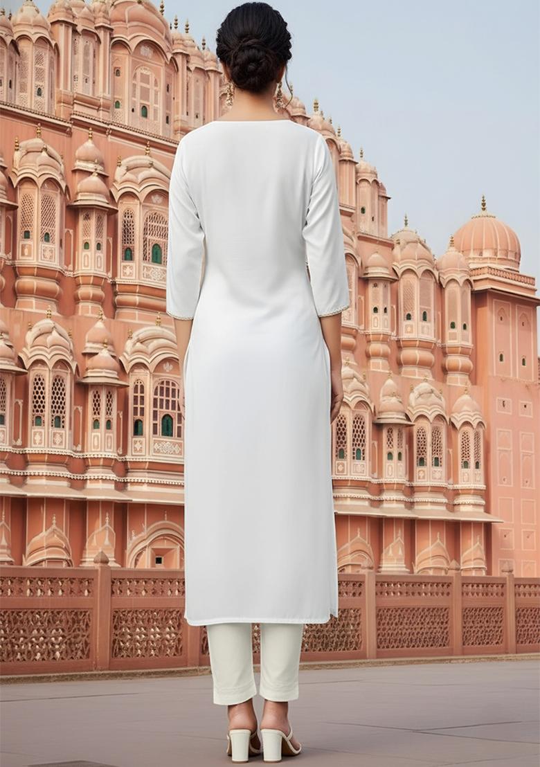 White Embroidery Rayon Kurta Set - Indya