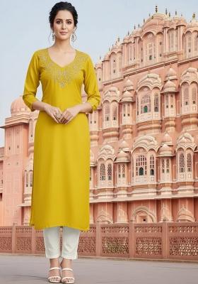 Yellow Embroidery Rayon Kurta Set