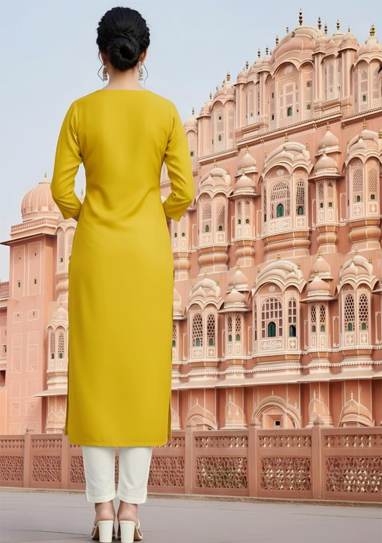 Yellow Embroidery Rayon Kurta Set - Indya