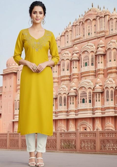 Yellow Embroidery Rayon Kurta With Duppatta