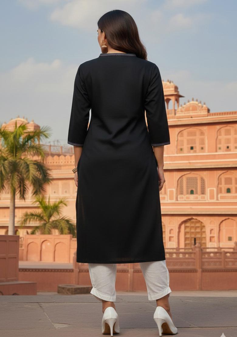 Black Embroidery Rayon Kurta Set - Indya