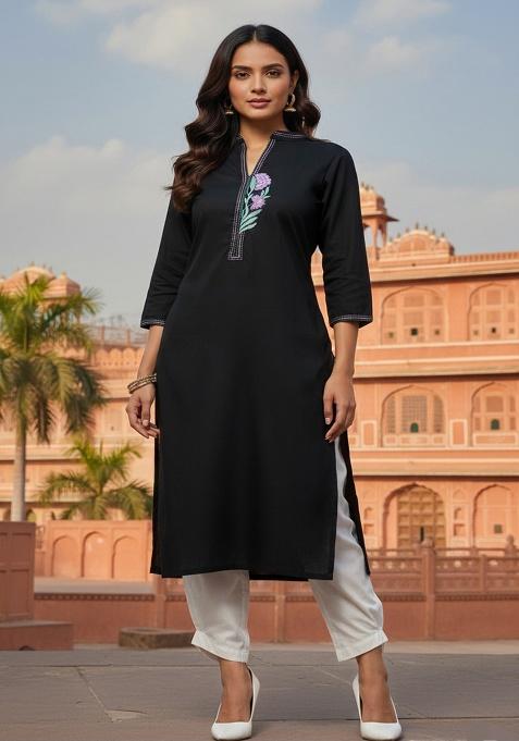 Black Embroidery Rayon Kurta With Duppatta