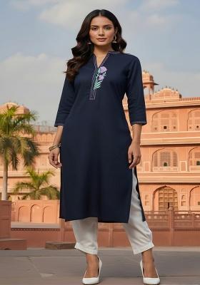 Navy Blue Embroidery Rayon Kurta Set