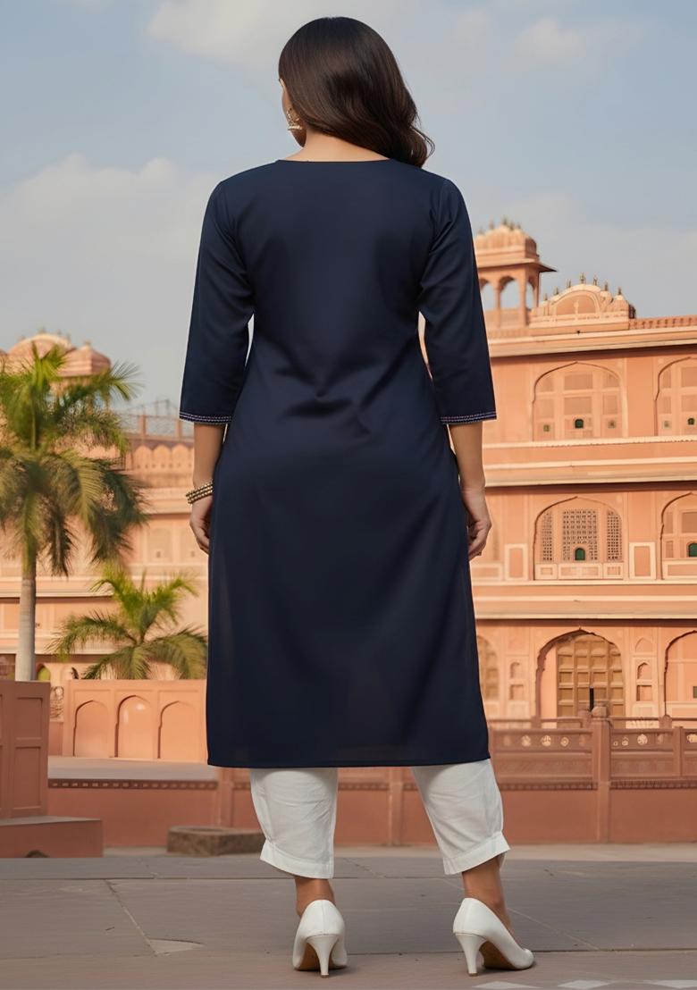 Navy Blue Embroidery Rayon Kurta Set - Indya