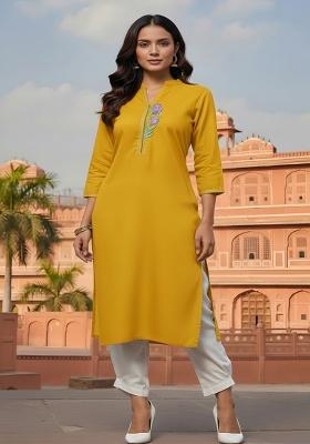 Yellow Embroidery Rayon Kurta Set