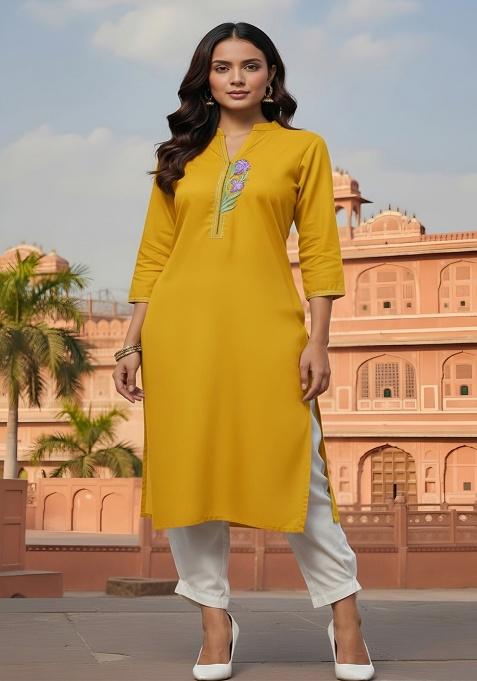 Yellow Embroidery Rayon Kurta With Duppatta