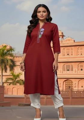 Red Embroidery Rayon Kurta Set