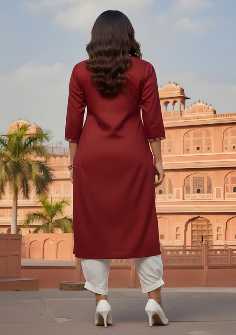 Red Embroidery Rayon Kurta Set - Indya