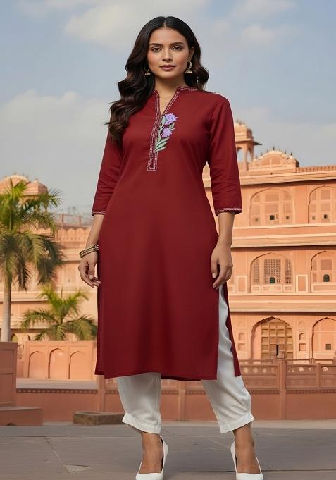 Red Embroidery Rayon Kurta With Duppatta