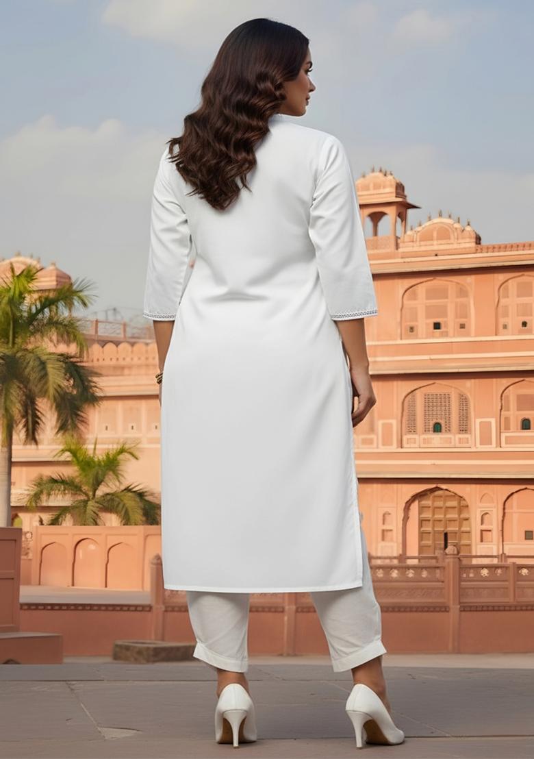 White Embroidery Rayon Kurta Set - Indya